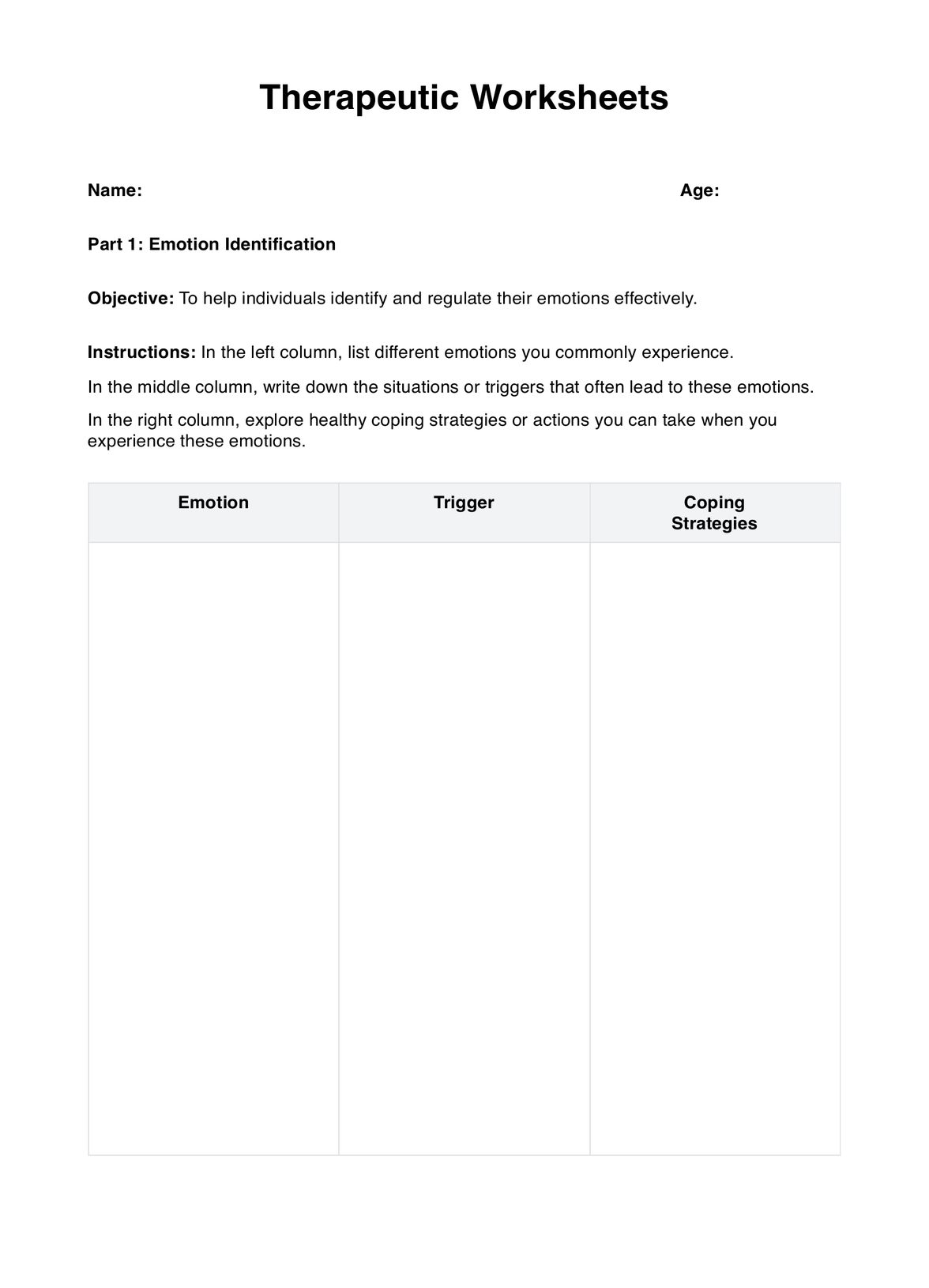 Therapeutic Worksheets PDF Example