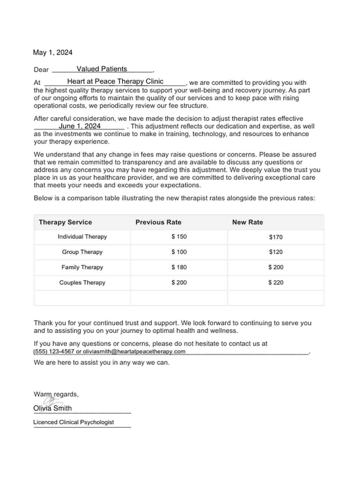 Therapist Rate Increase Letter Template PDF Example