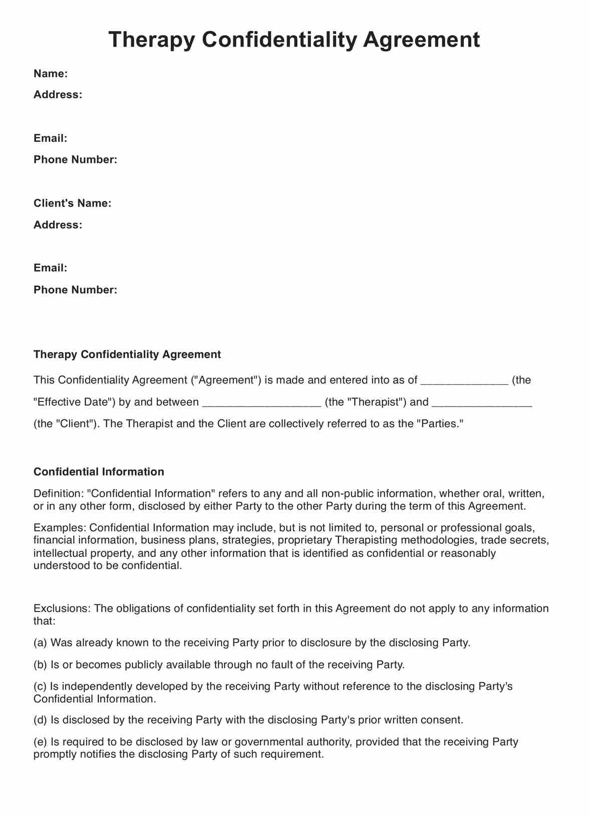 Therapy Confidentiality Agreement PDF Example