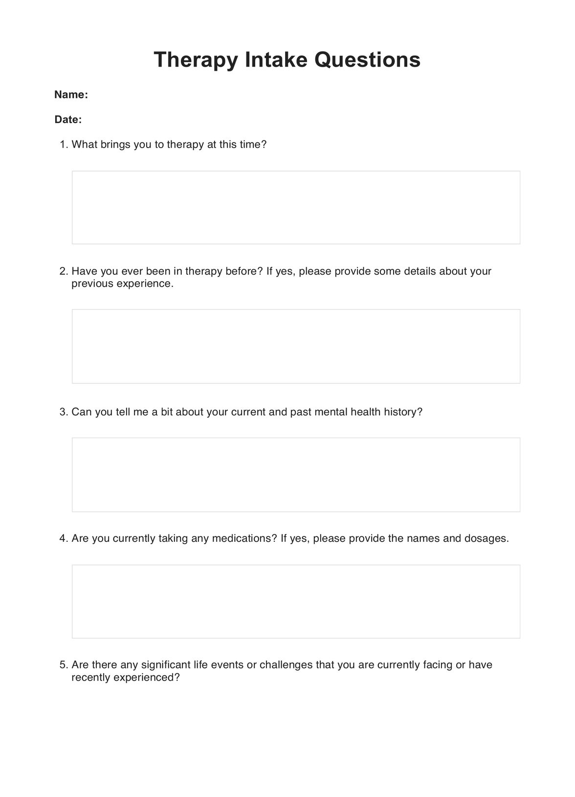 Therapy Intake Questions PDF Example