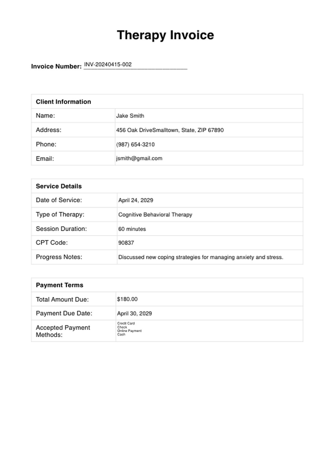 Therapy Invoice Template PDF Example