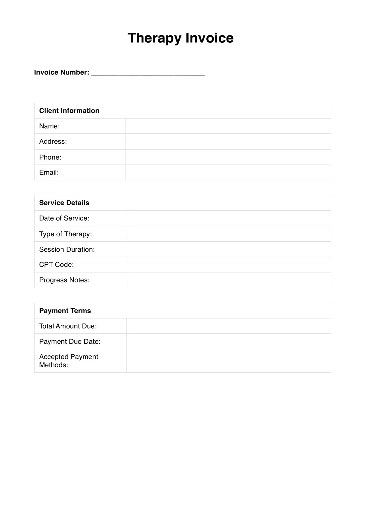 Therapy Invoice Template PDF Example