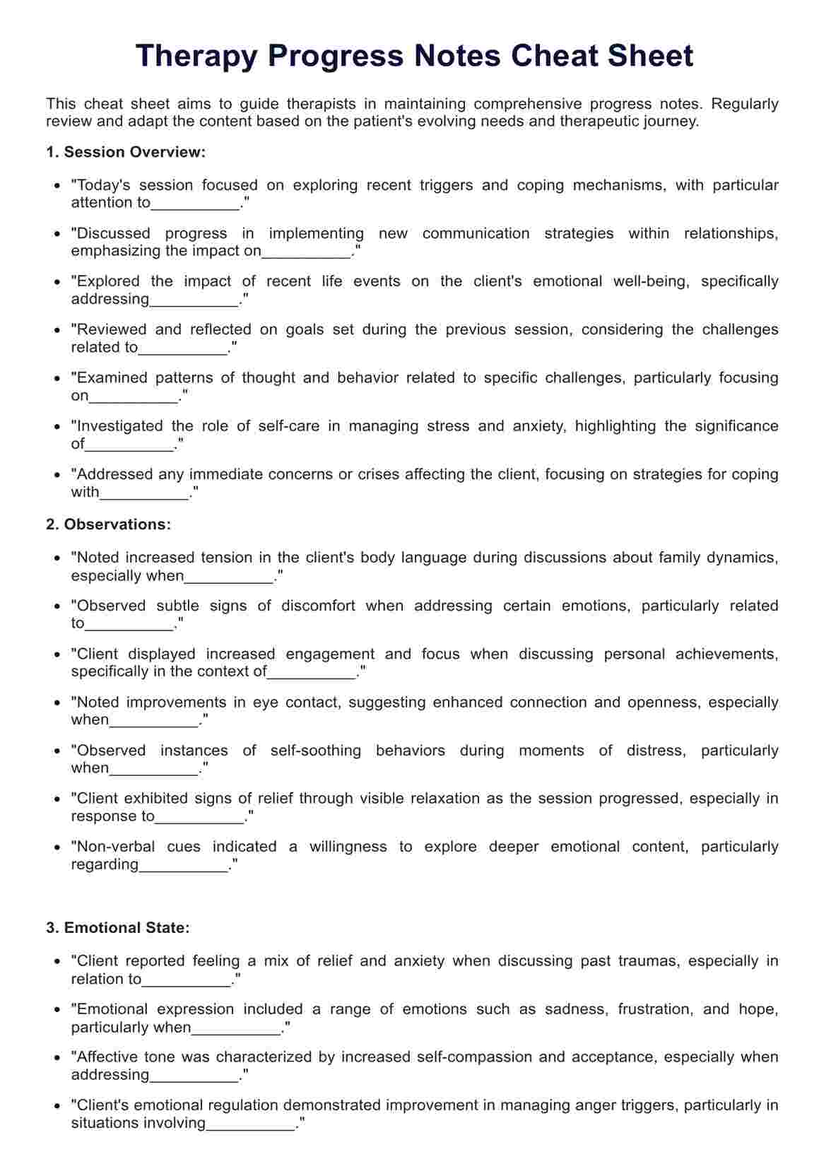 Therapy Progress Notes Cheat Sheet PDF Example