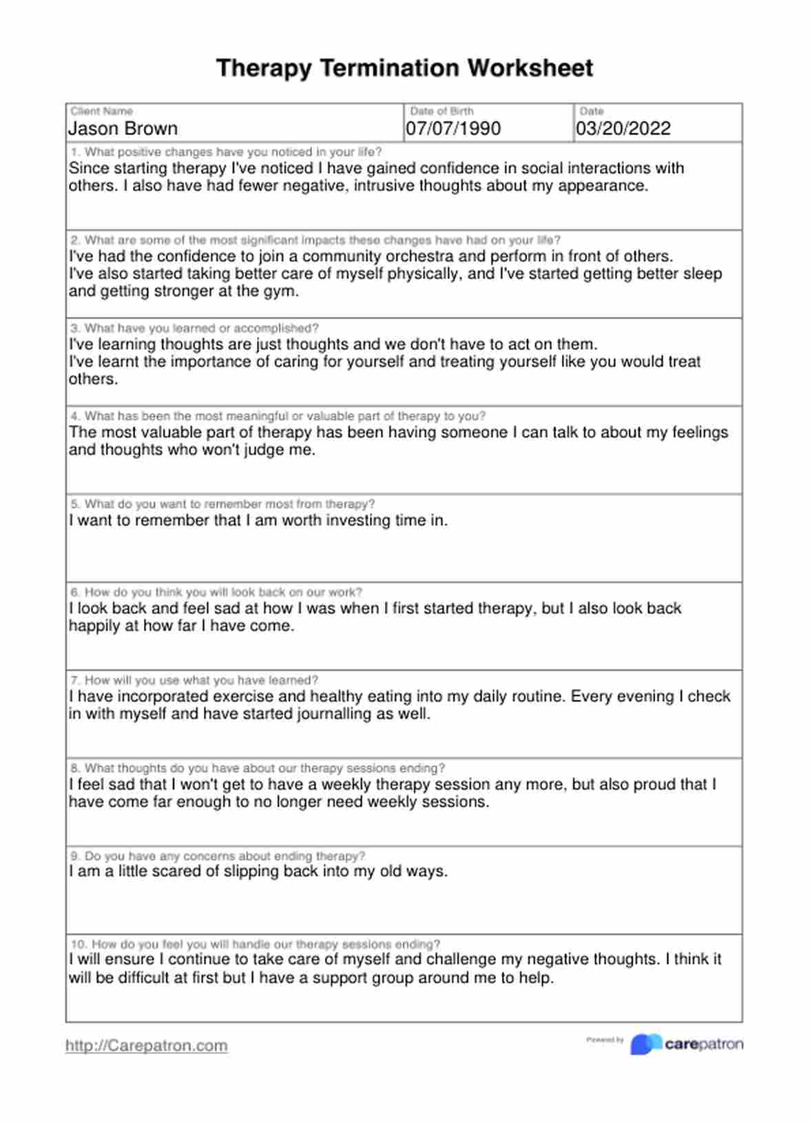 Therapy Termination Worksheet PDF Example