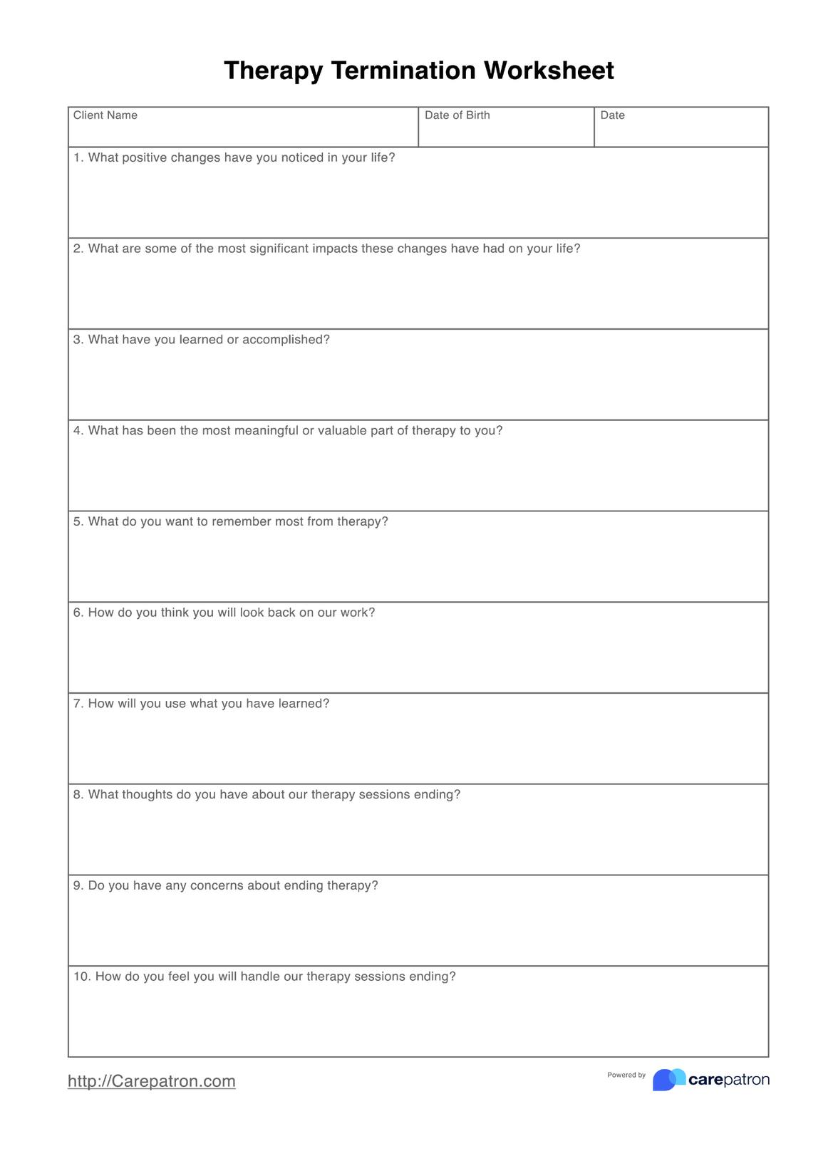 Therapy Termination Worksheet PDF Example