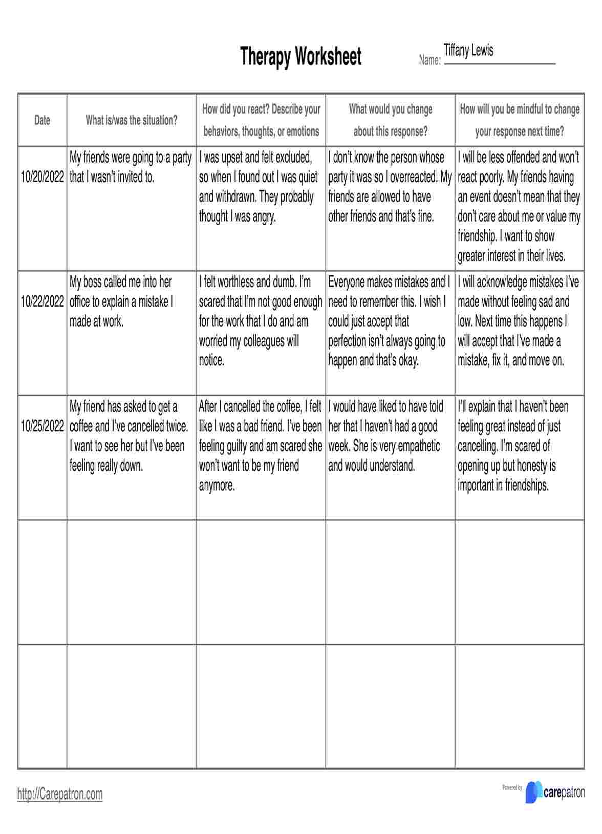 Hoja de ejercicios de terapia PDF Example