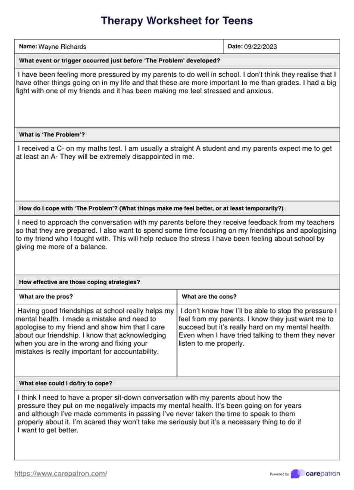 Therapy Worksheet For Teens PDF Example