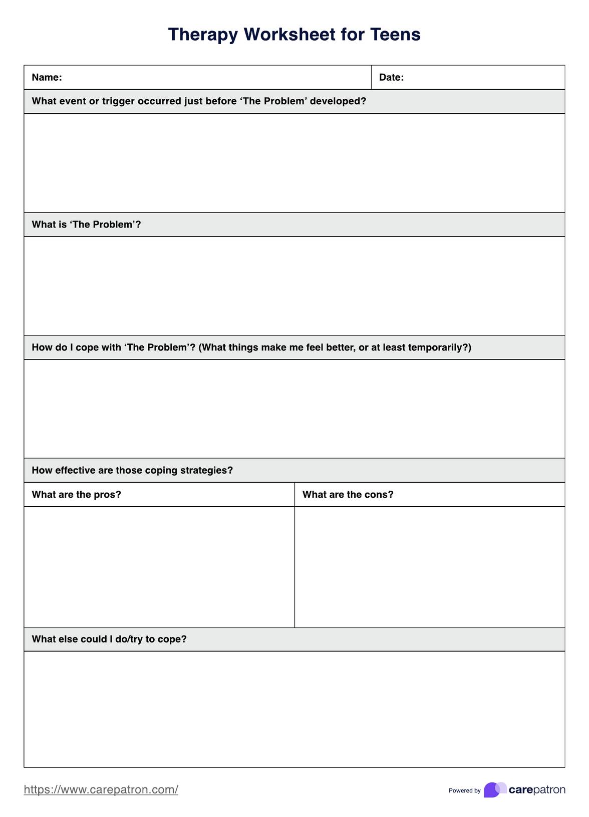 Therapy Worksheet For Teens PDF Example