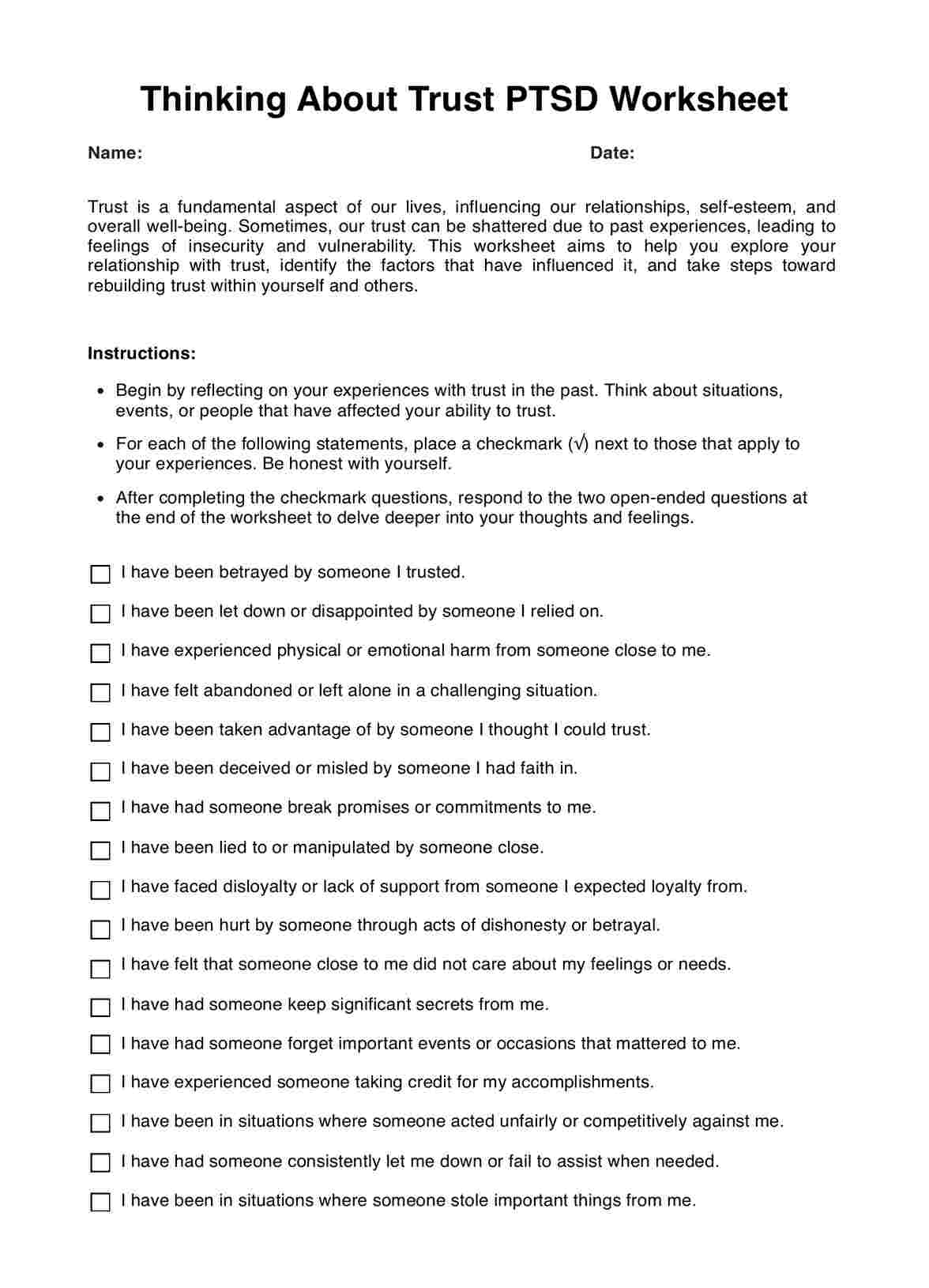 Thinking About Trust PTSD Worksheet PDF Example
