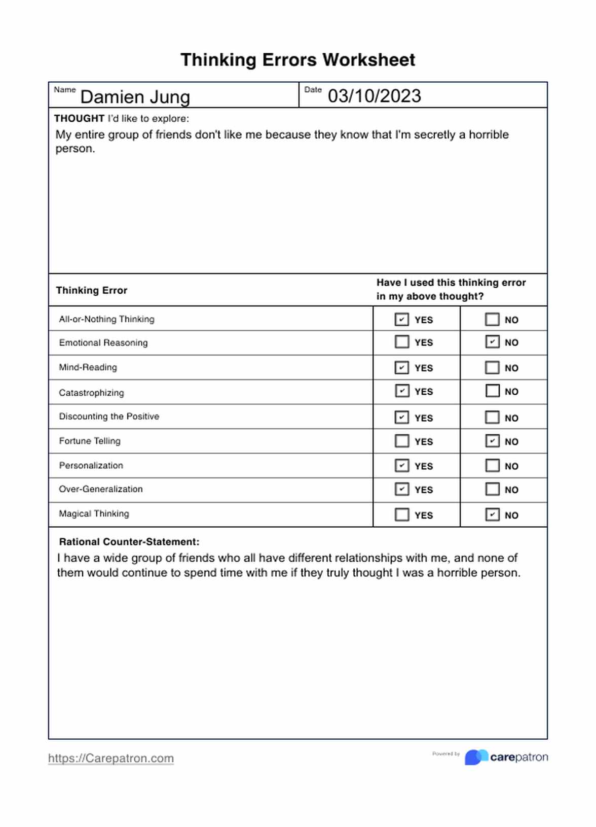 Thinking Errors Worksheets PDF Example