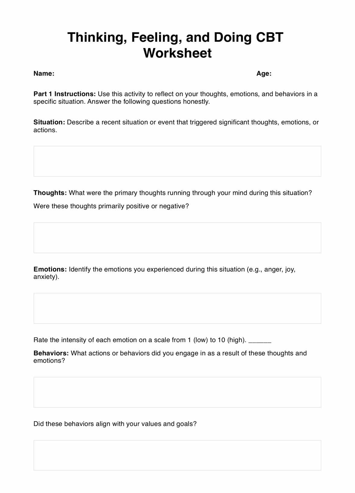 Thinking, Feeling, and Doing CBT Worksheet PDF Example