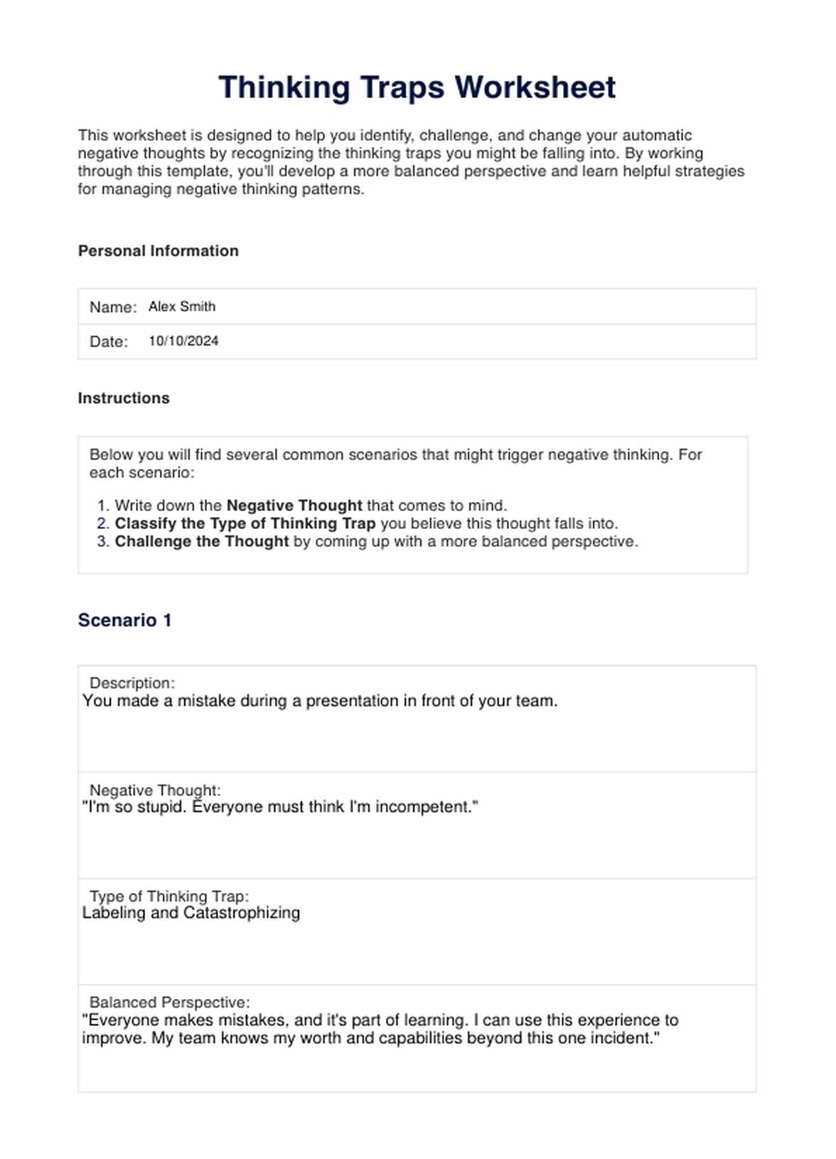 Thinking Traps Worksheet PDF Example