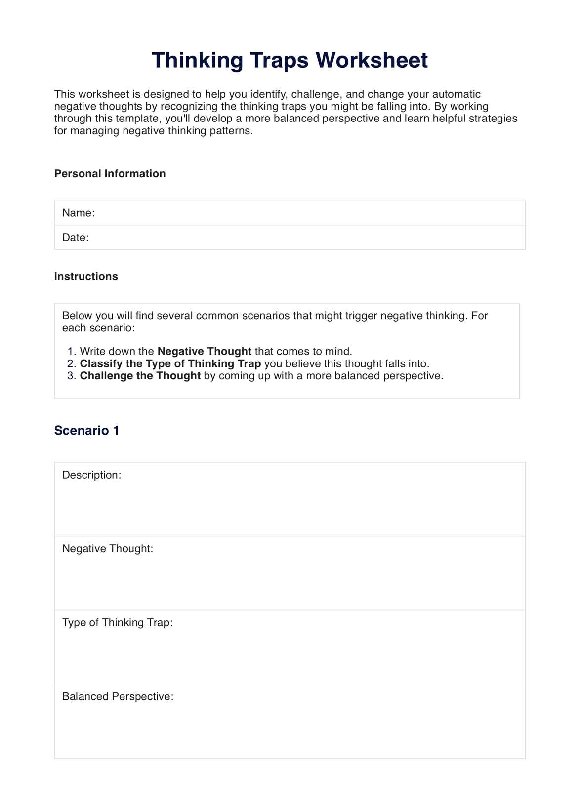 Thinking Traps Worksheet PDF Example
