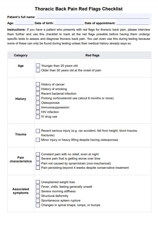 Checkliste für rote Flaggen bei Rückenschmerzen im Brustbereich PDF Example