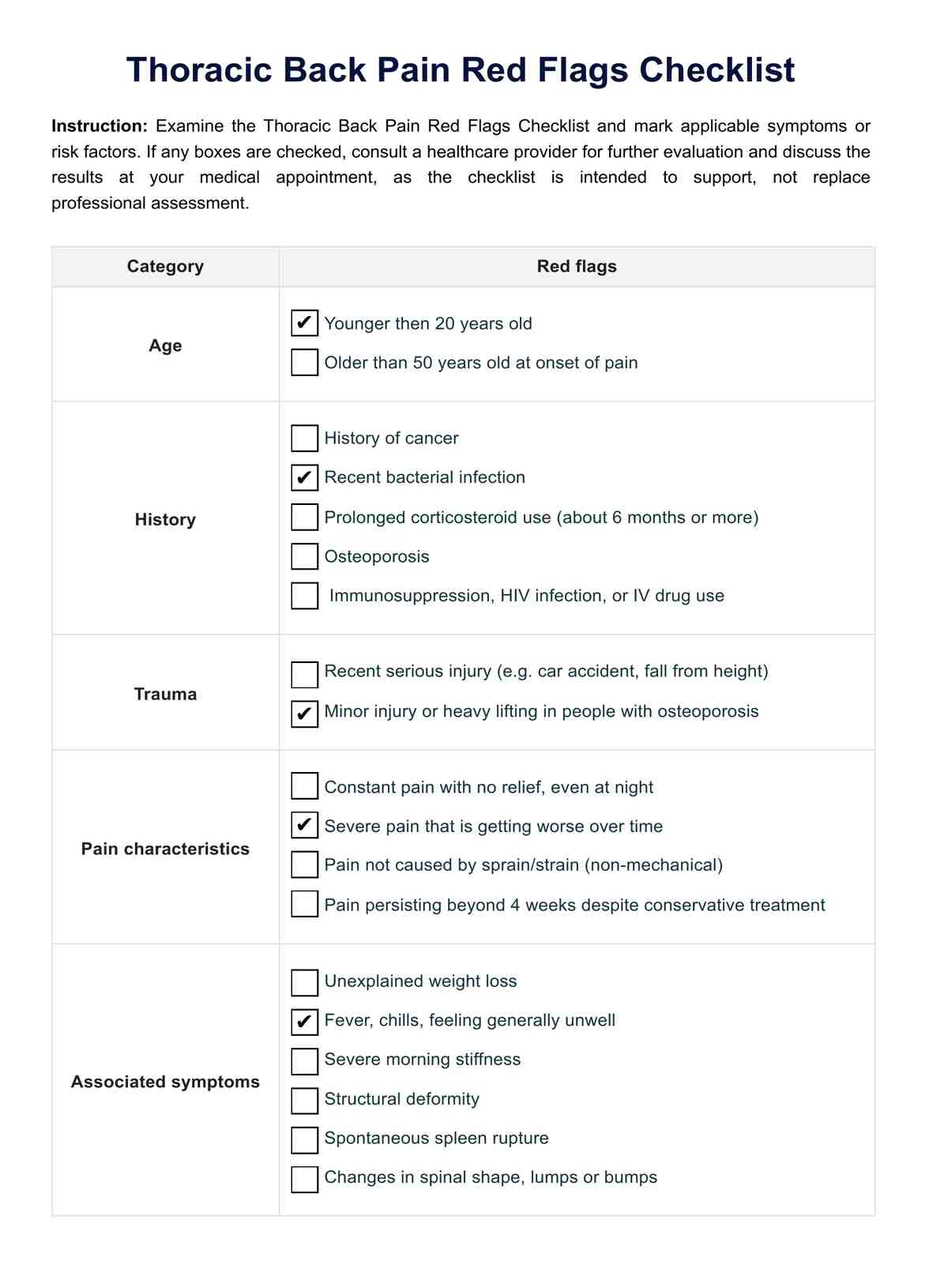 Thoracic Back Pain Red Flags Checklist PDF Example