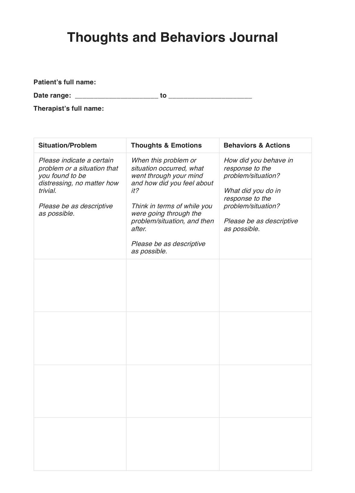 Thoughts and Behaviors Journal CBT Worksheet PDF Example