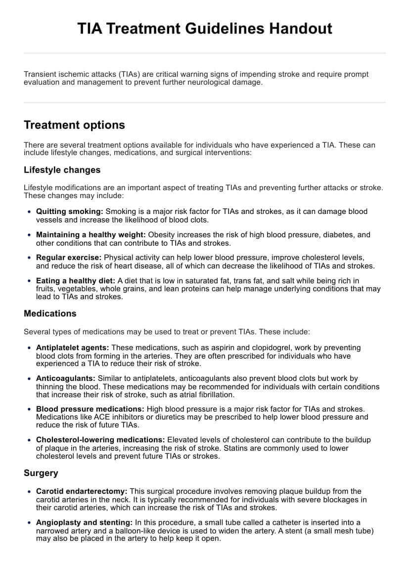 TIA Treatment Guidelines Handout PDF Example