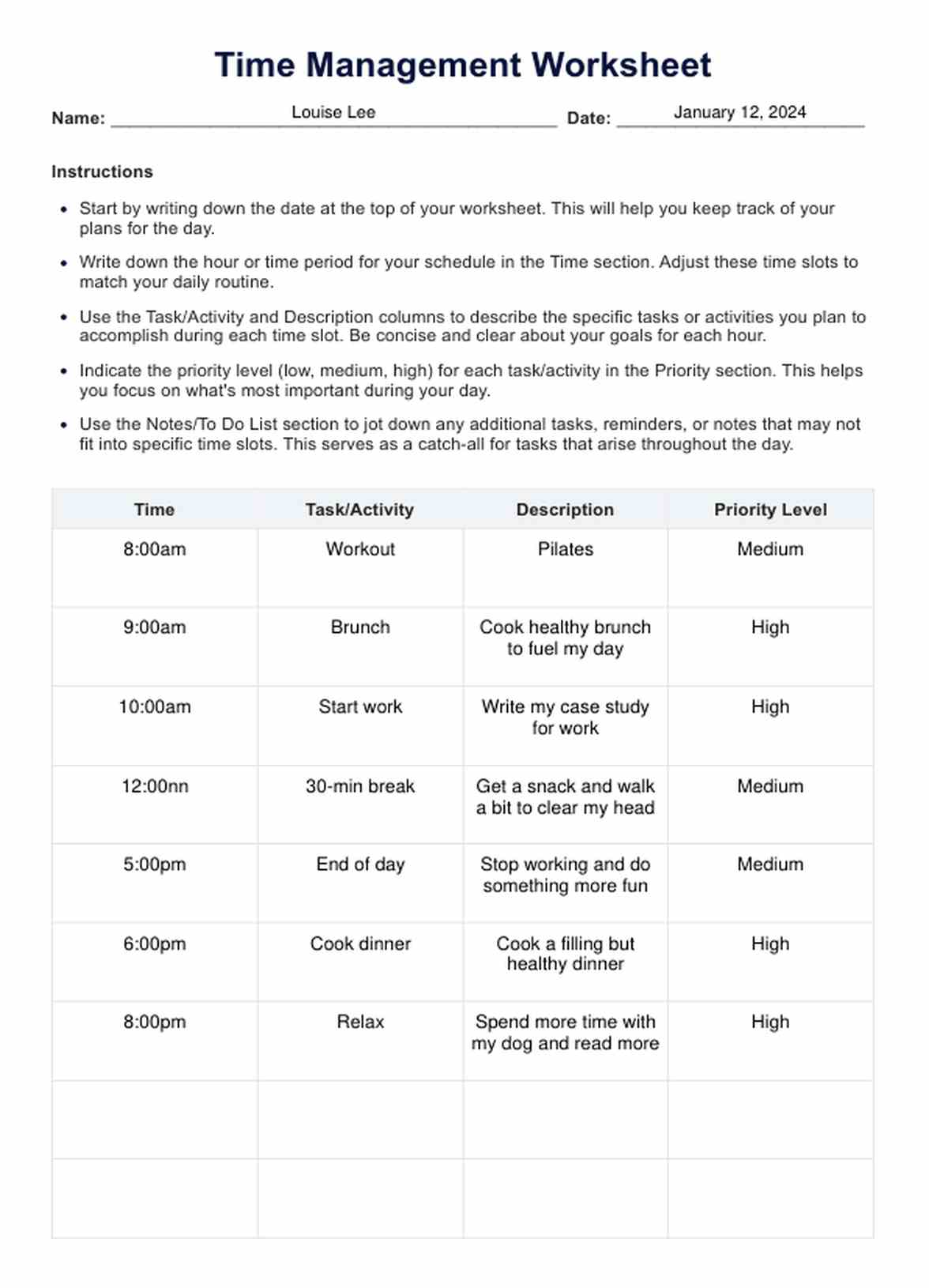 Time Management Worksheets PDF Example