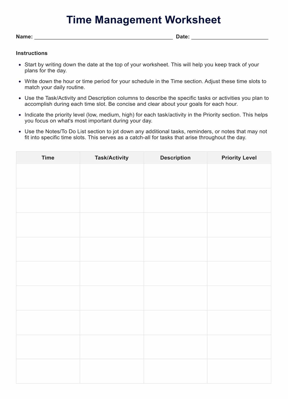 Time Management Worksheets PDF Example