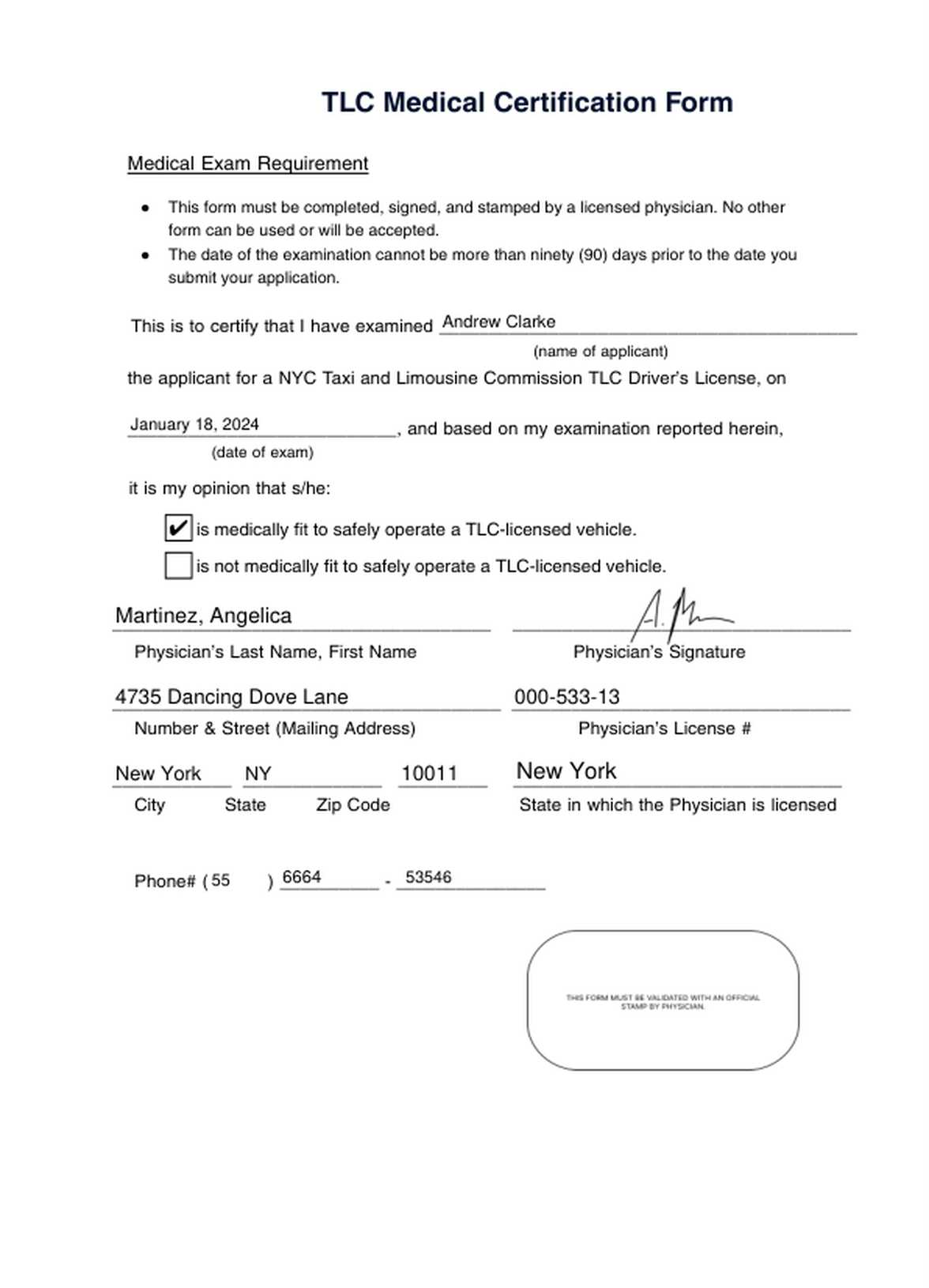 TLC Medical Certification Form PDF Example