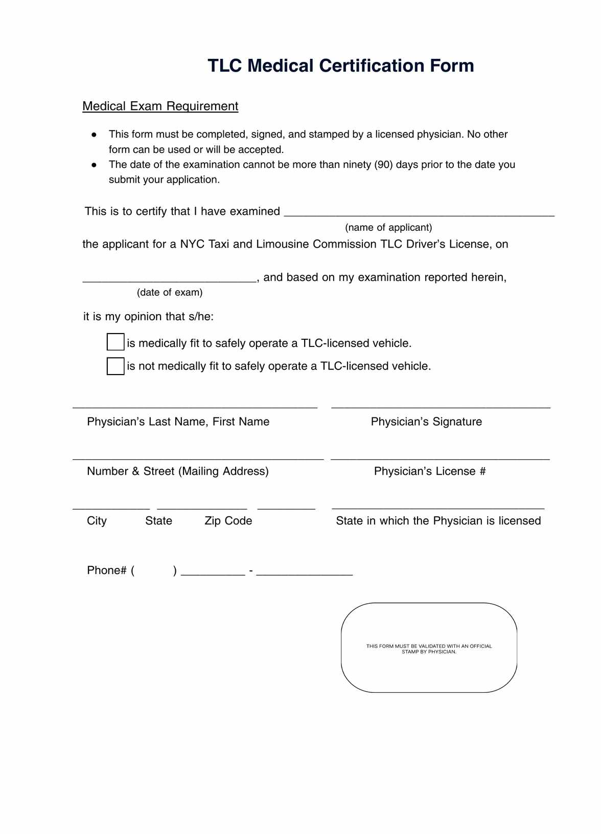 TLC Medical Certification Form PDF Example