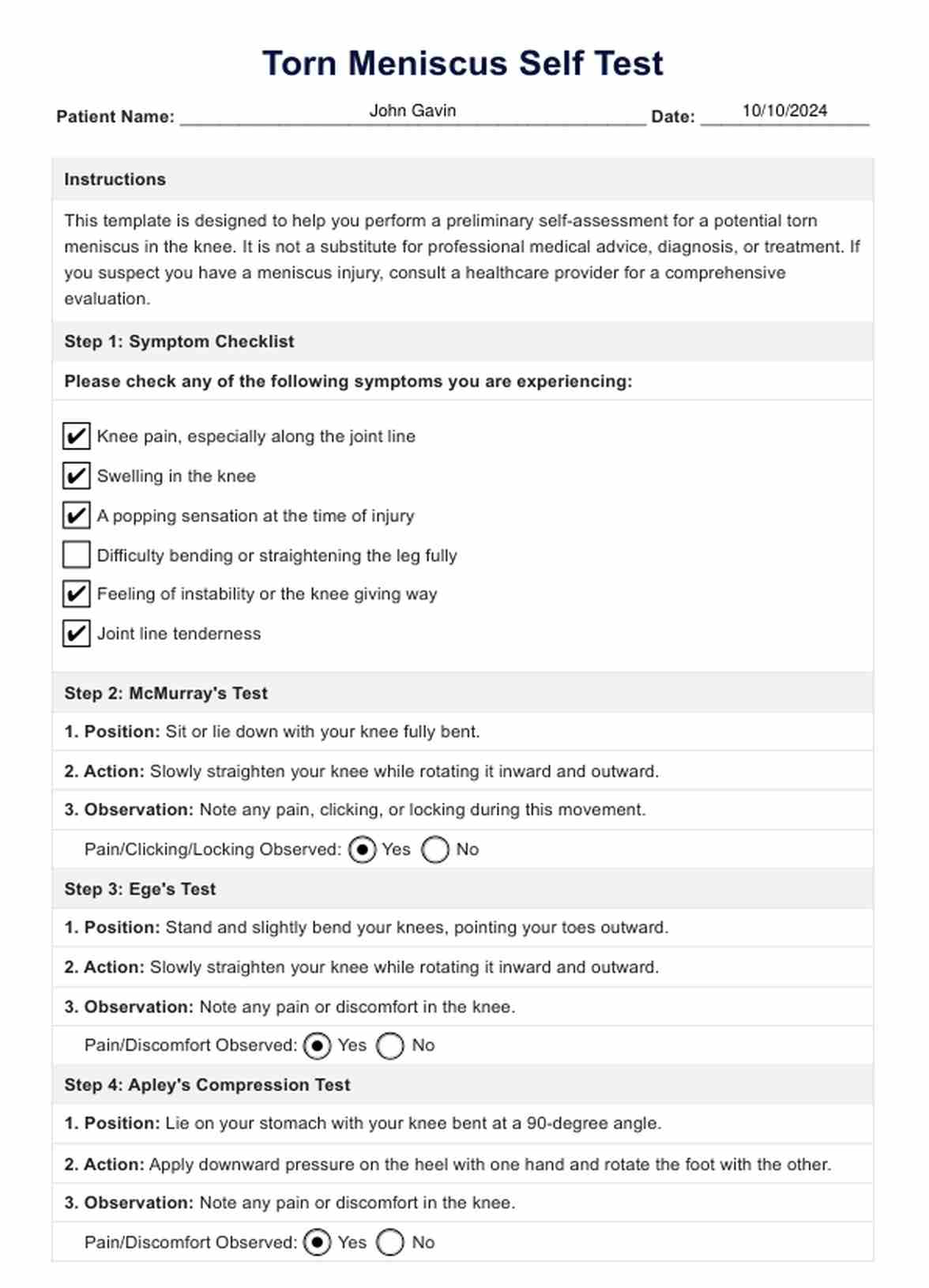 Torn Meniscus Self Test PDF Example