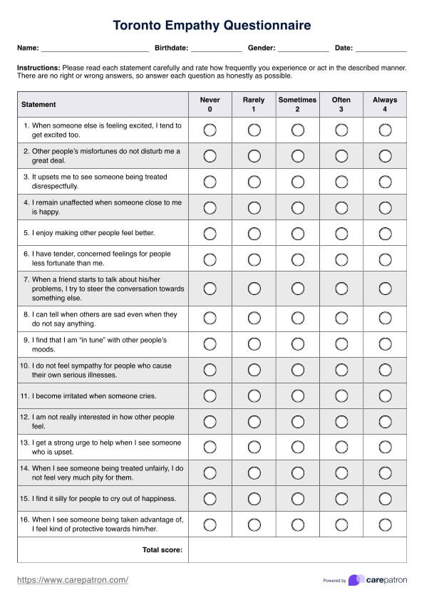 Toronto Empathy Questionnaire PDF Example