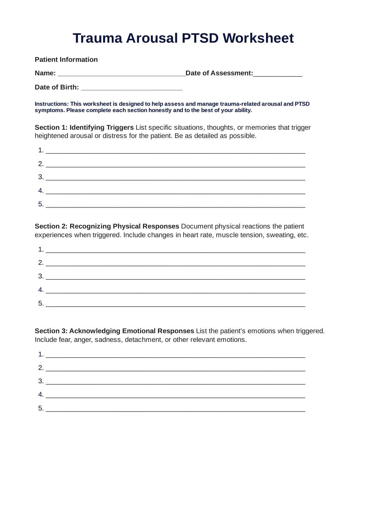 Trauma Arousal PTSD Worksheet PDF Example