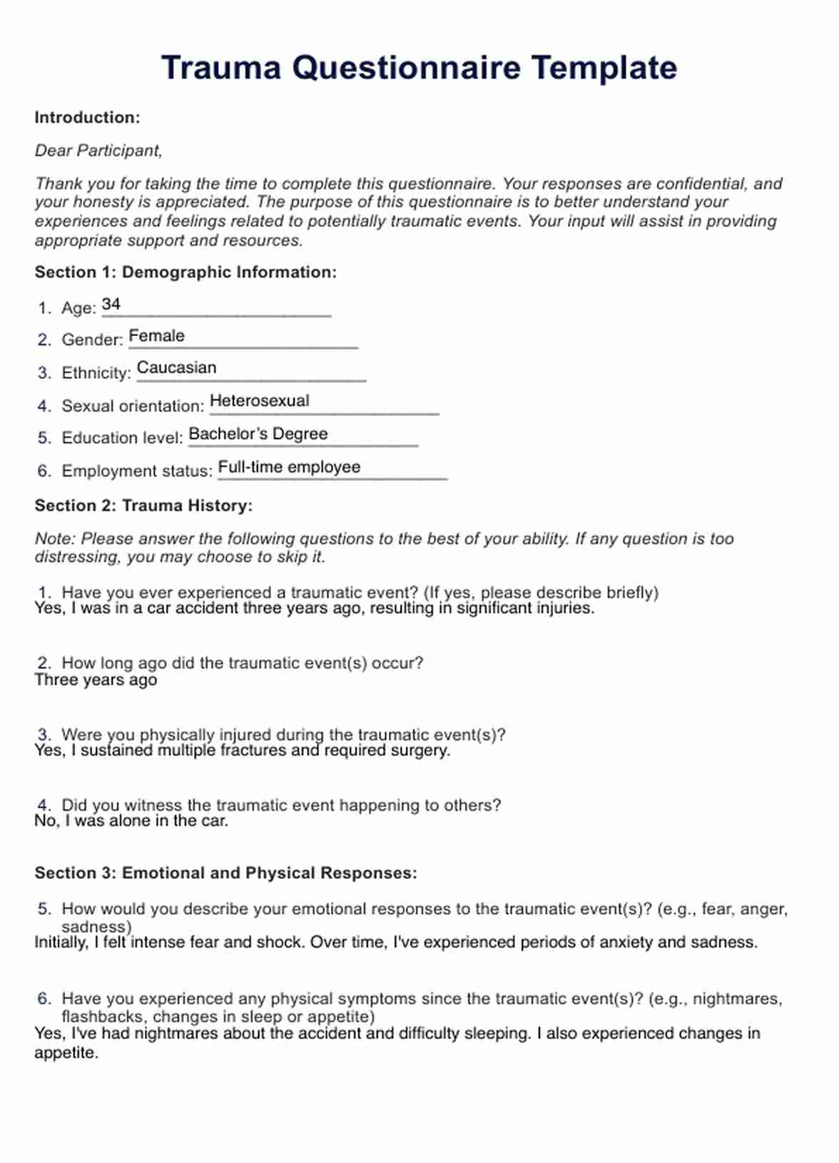 Trauma questionnaire PDF Example