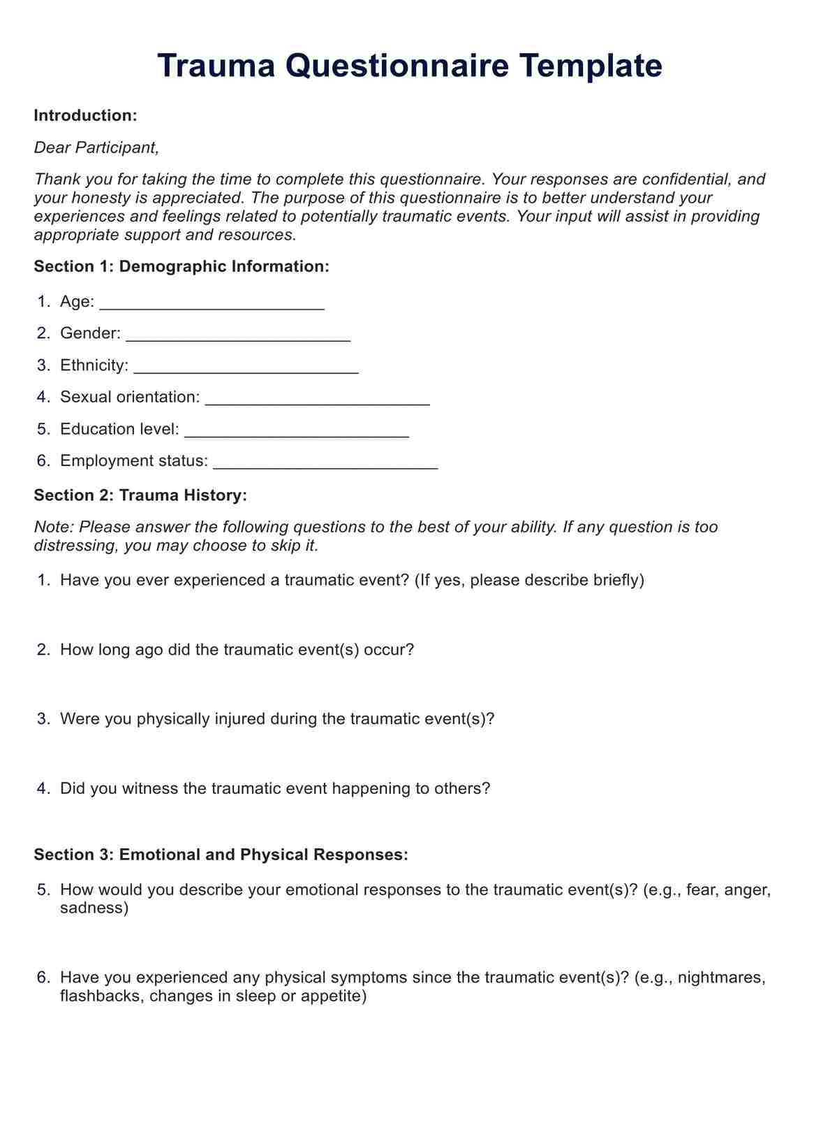 Trauma questionnaire PDF Example