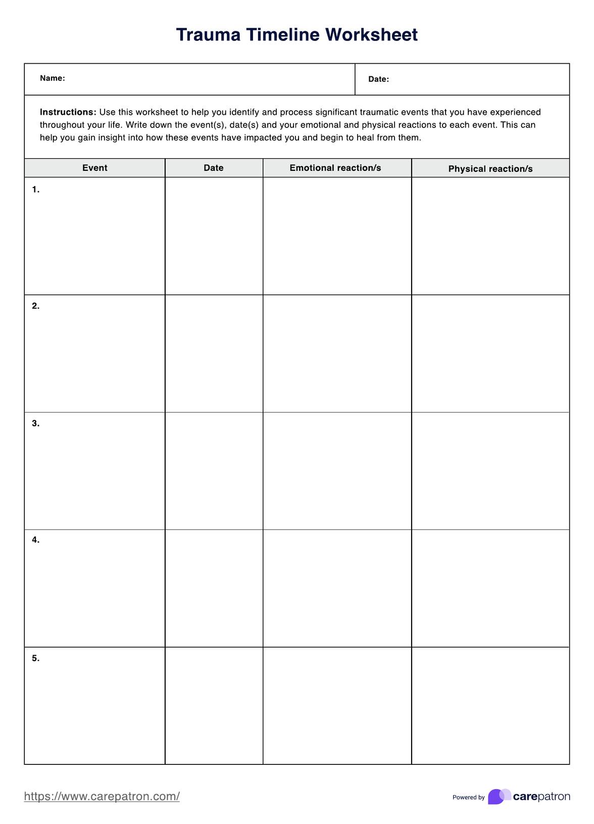 Trauma Timeline Worksheet PDF Example