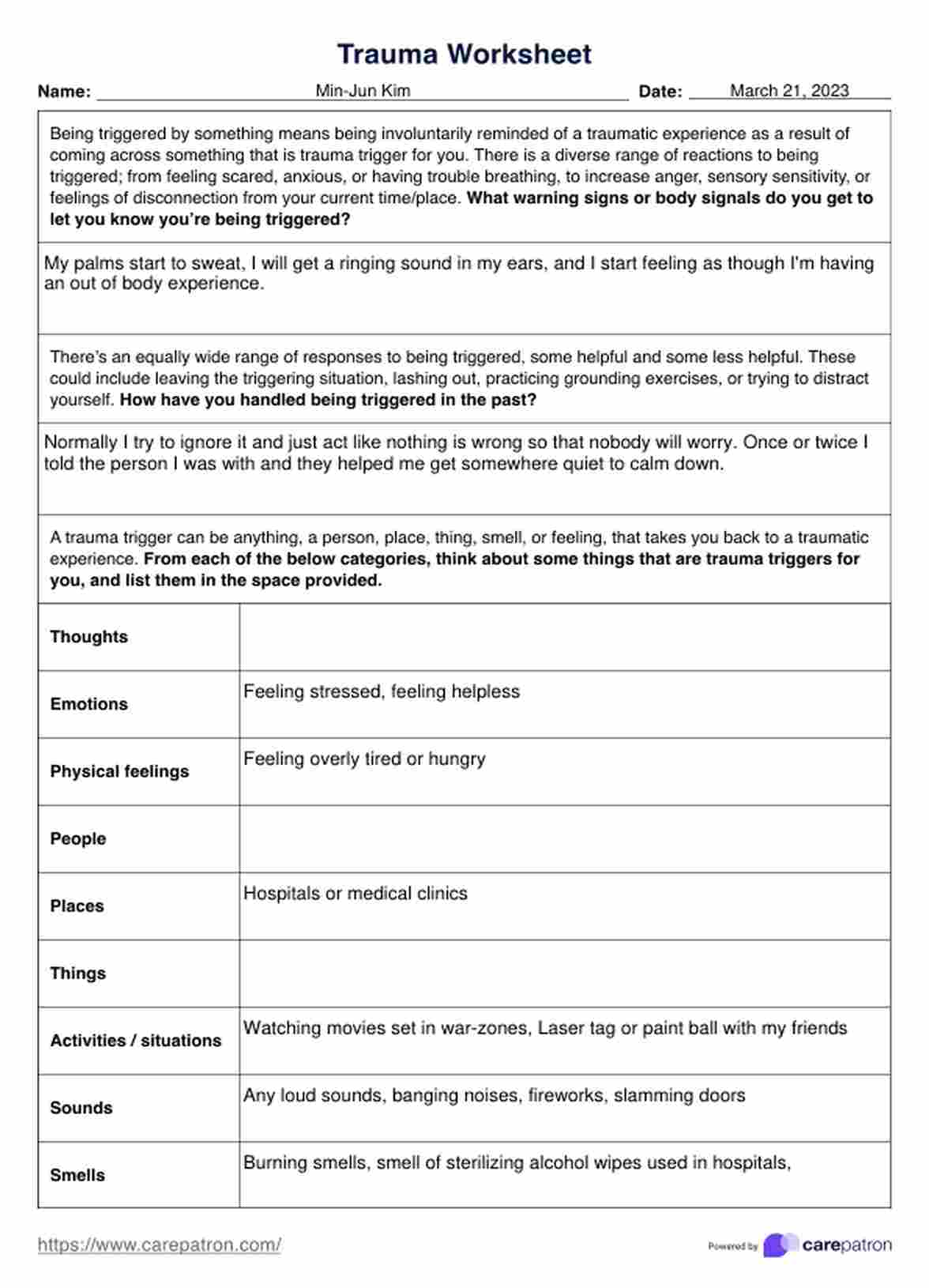 Hoja de Ejercicios para Trauma PDF Example