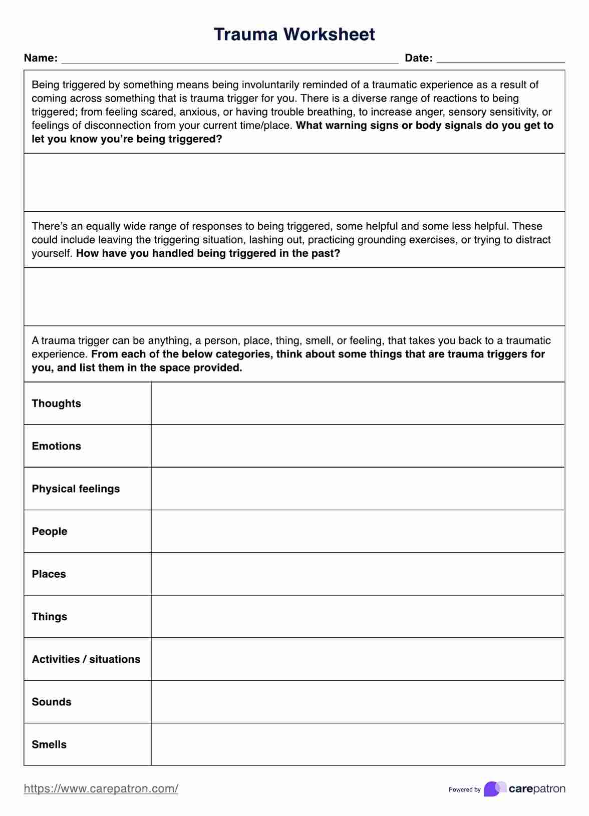 Trauma Worksheets PDF Example