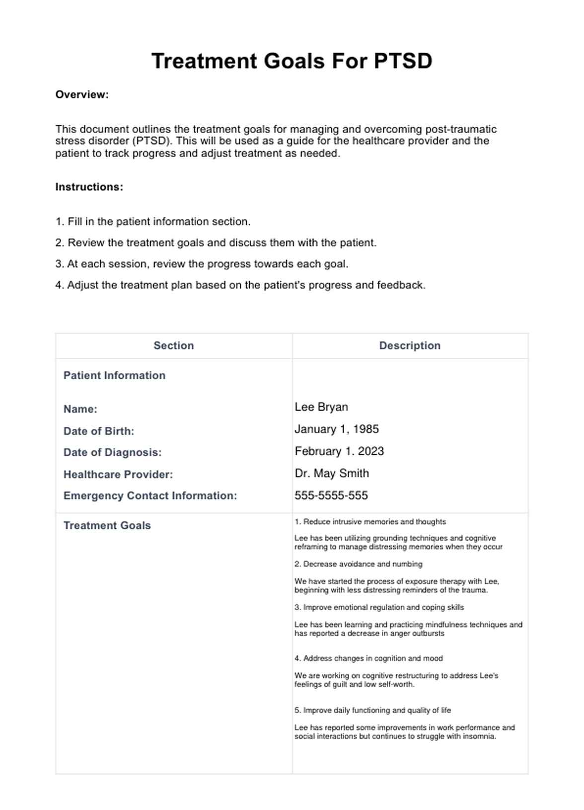 Objetivos del tratamiento para el TEPT (trastorno de estrés postraumático) PDF Example