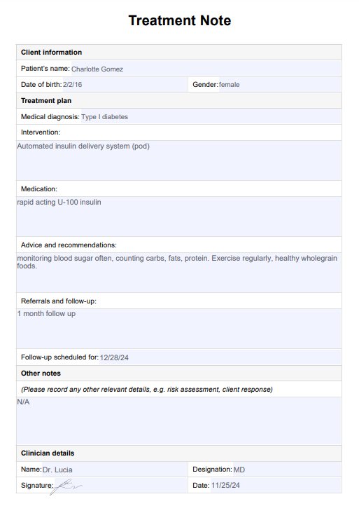 Treatment Note Template PDF Example