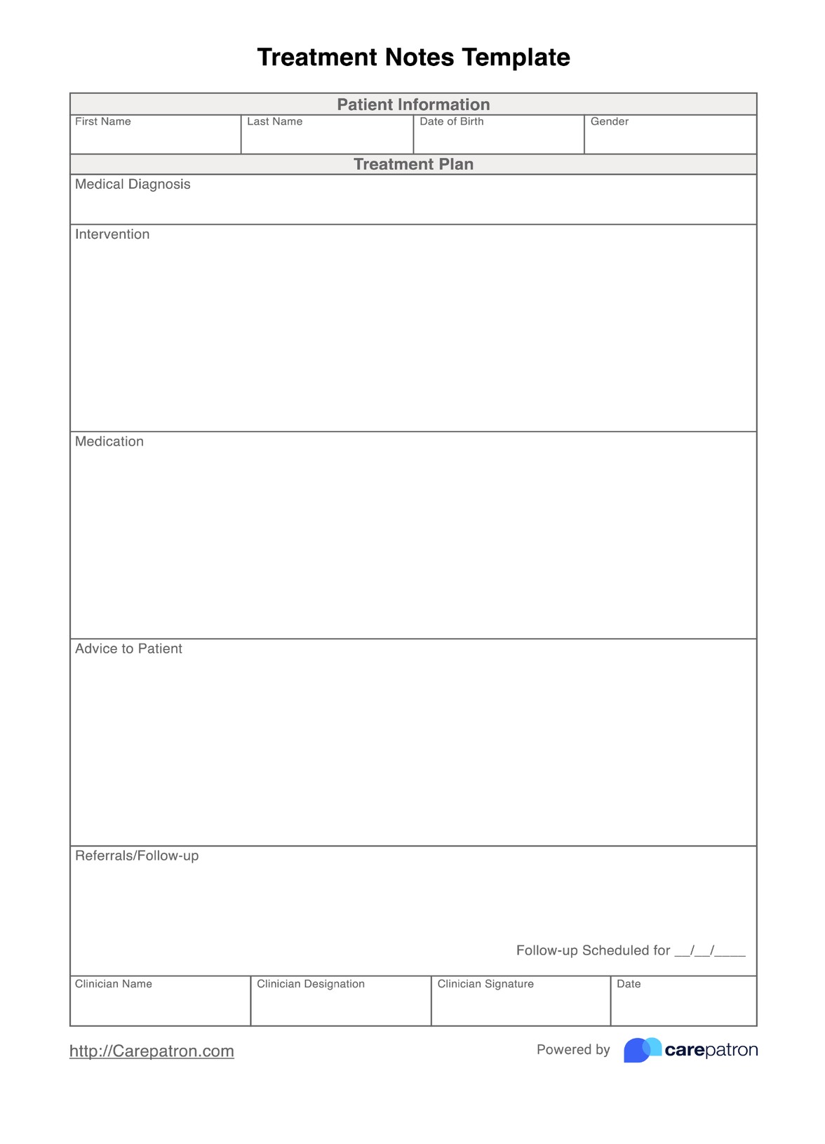 Treatment Note Template PDF Example