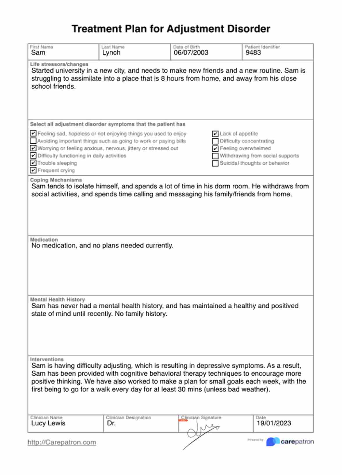 Plan de Tratamiento para el Trastorno de Adaptación  PDF Example