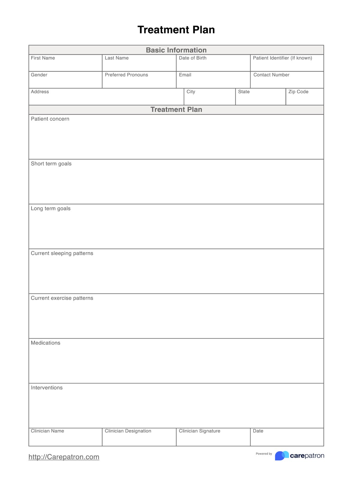 Treatment Plan Template PDF Example