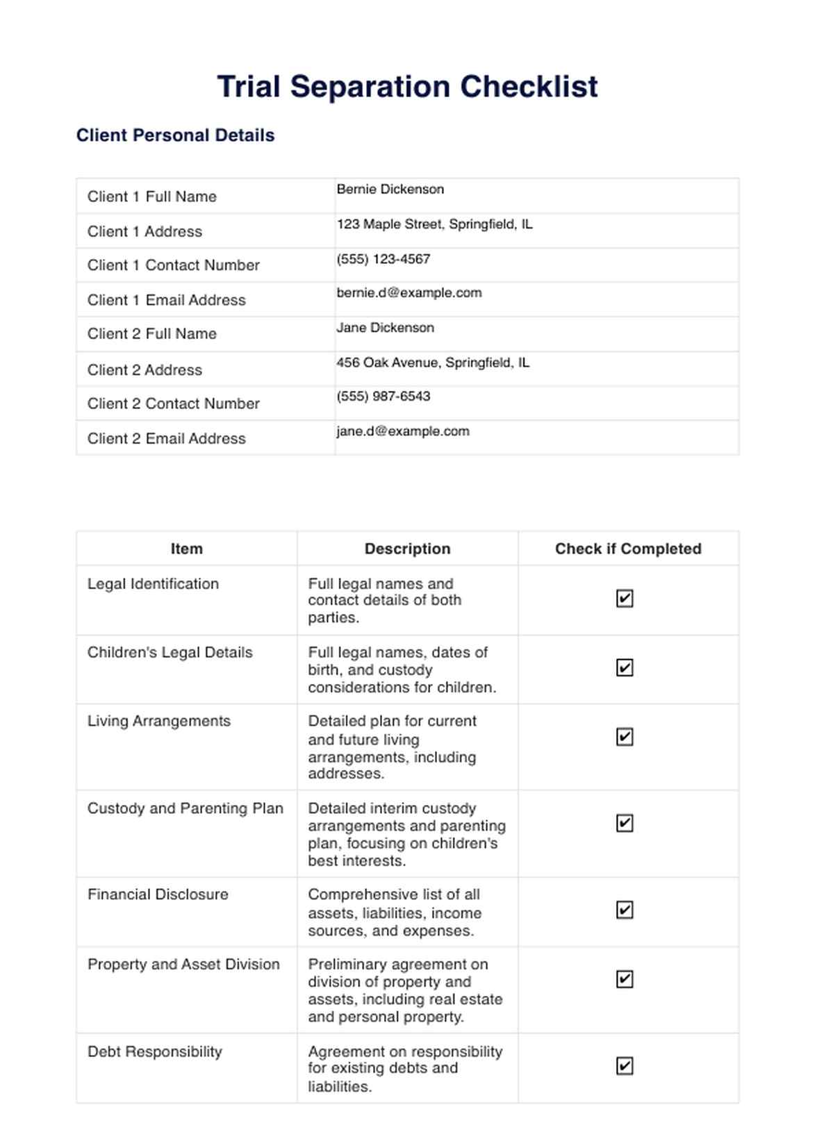 Trial Separation Checklist PDF Example