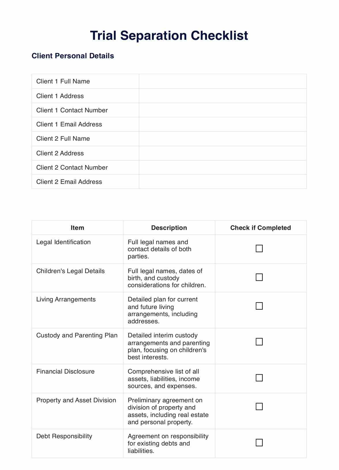 Trial Separation Checklist PDF Example
