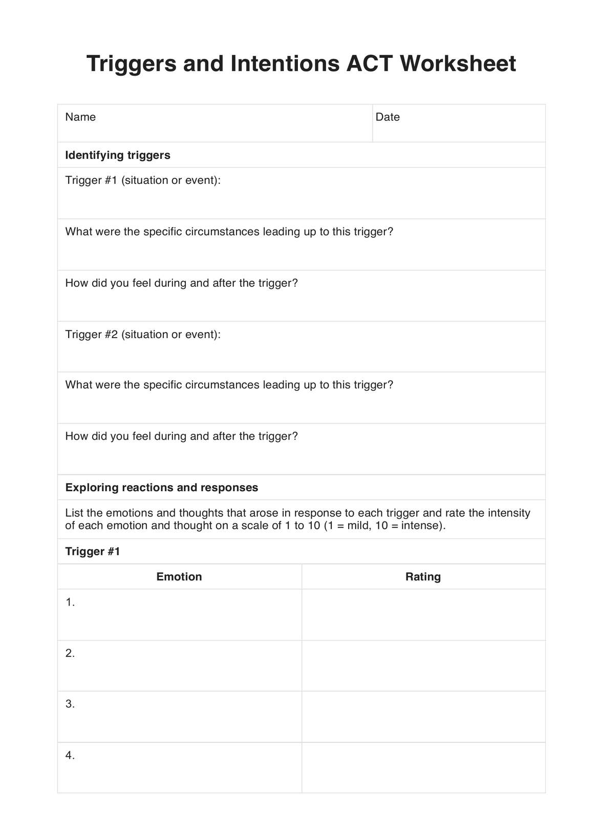 Triggers and Intentions ACT Worksheet PDF Example