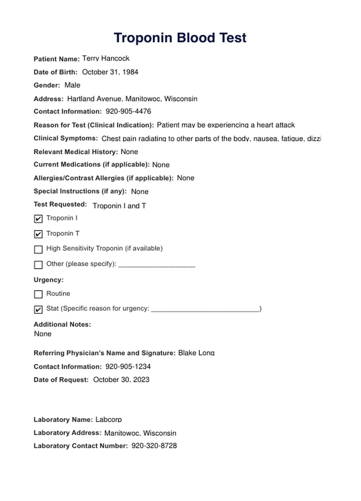 Troponin Blood Test PDF Example
