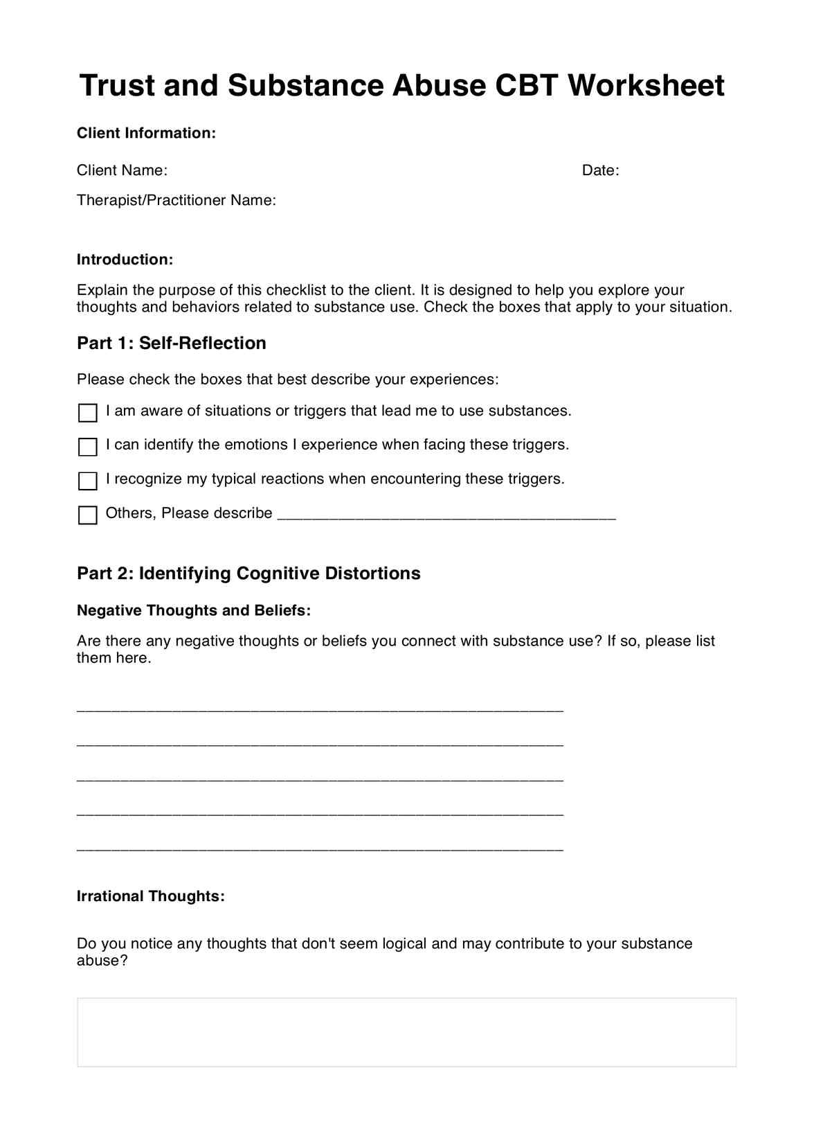 Trust and Substance Abuse CBT Worksheet PDF Example
