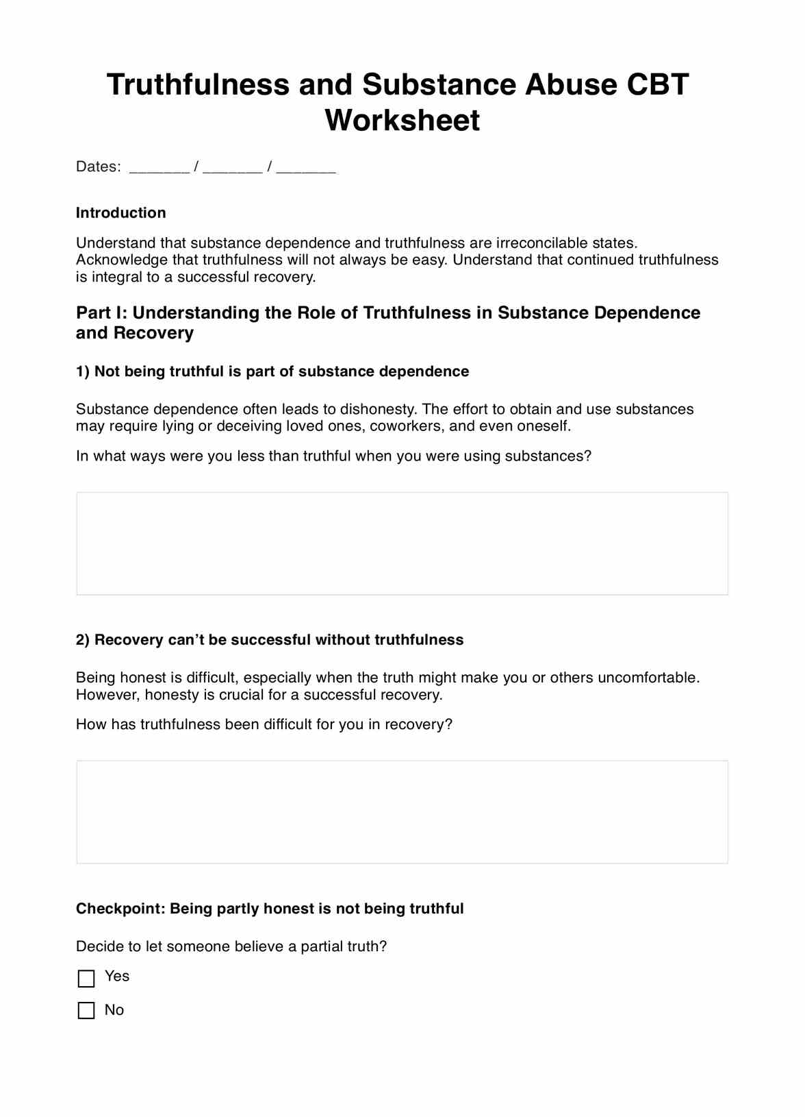 Truthfulness and Substance Abuse CBT Worksheets PDF Example