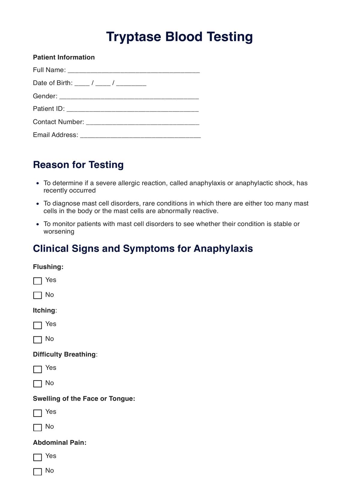 Tryptase Blood Test PDF Example