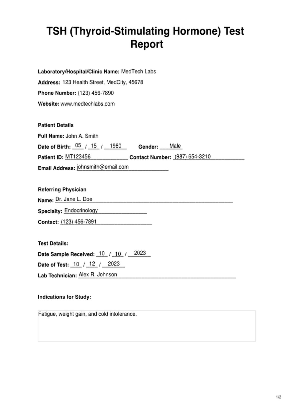 Test de hormona estimulante de la tiroides (TSH) PDF Example