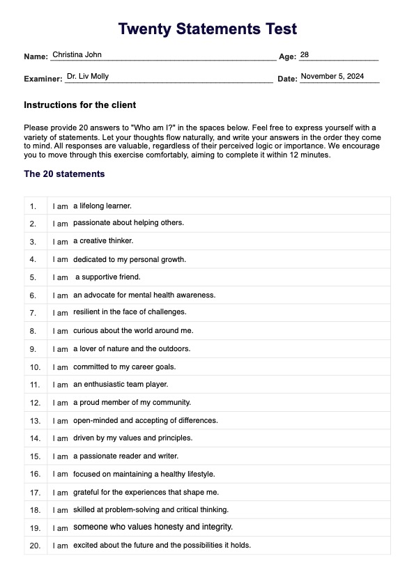 Twenty Statements Test PDF Example