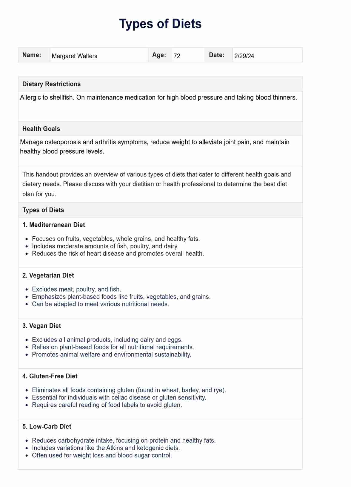 Types of Diet PDF PDF Example