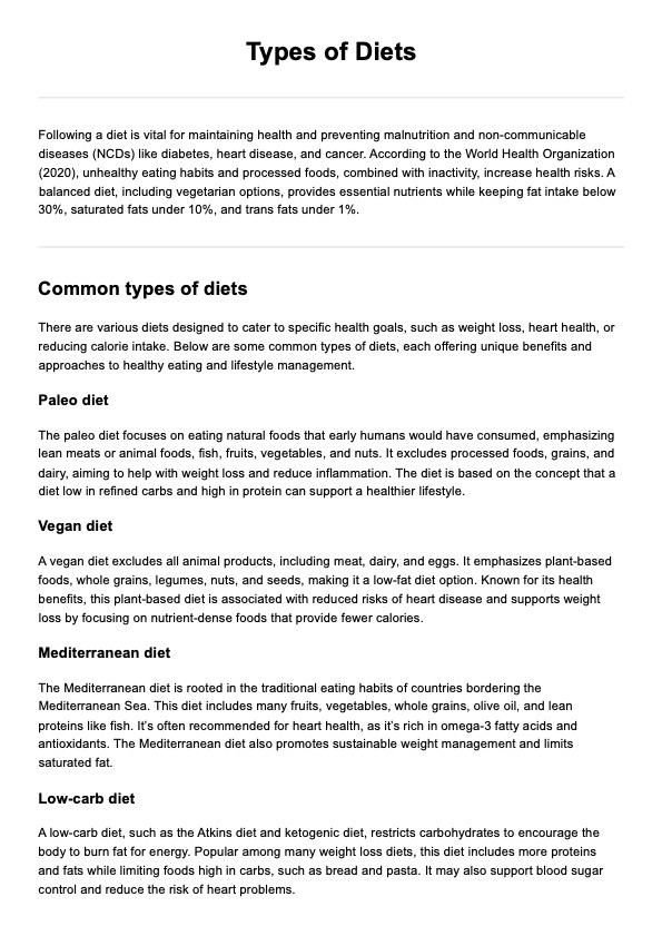 Types of Diet PDF PDF Example