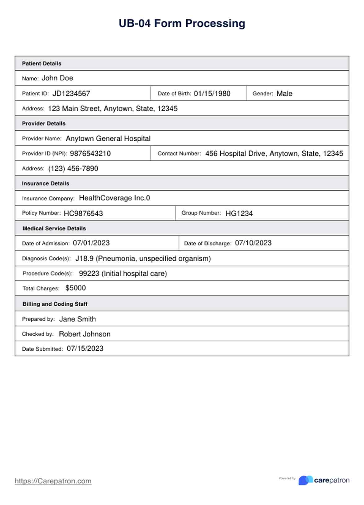 Formulario de UB 4 s PDF Example